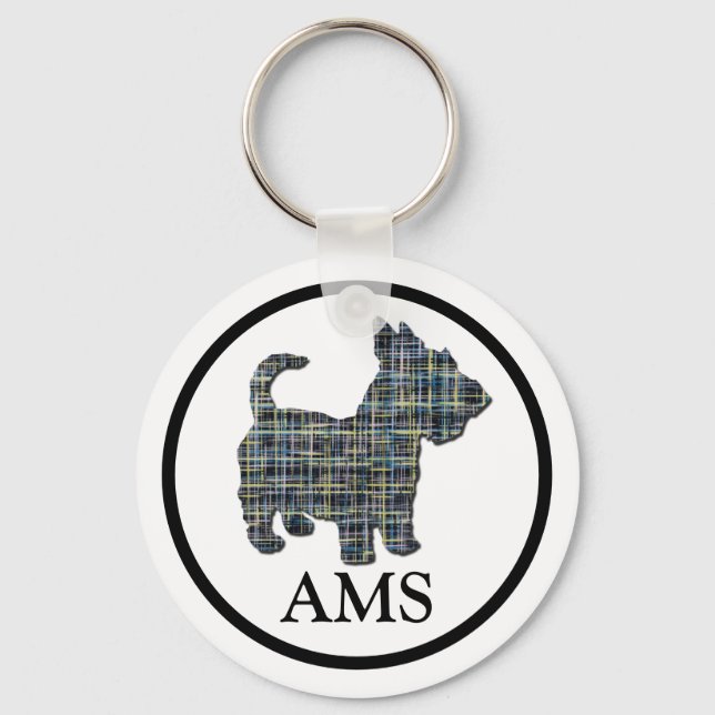 Scottish Terrier Scottie Dog Silhouette Y&B Grid Keychain (Front)
