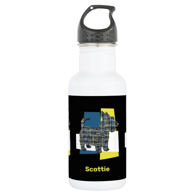 Scottish Terrier Scottie Dog Silhouette Y&B Grid Stainless Steel Water Bottle (Front)