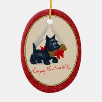 Scottish Terrier Scottie Dog With Gift And Tree Ceramic Ornament by dbvisualarts at Zazzle