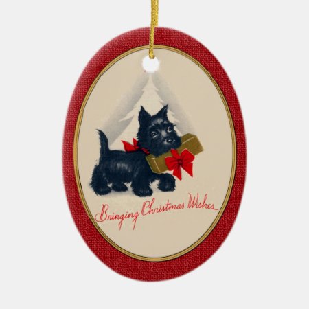Scottish Terrier Scottie Dog With Gift And Tree Ceramic Ornament