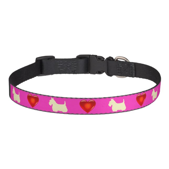 Scottish Terrier, Scottie, pink, red heart Pet Collar (Front)