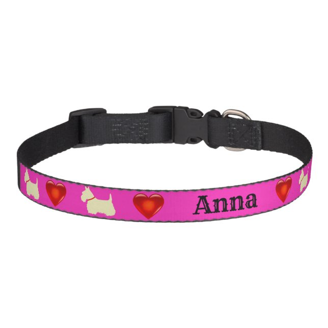 Scottish Terrier, Scottie, pink, red heart Pet Collar (Front)