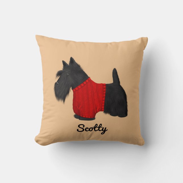 Scottish Terrier (Scotty Dog) in Red Sweater Throw Pillow (Front)