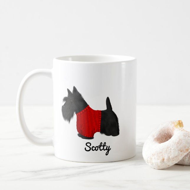 Scottish Terrier (Scotty Dog) in Sweater on White Coffee Mug (With Donut)