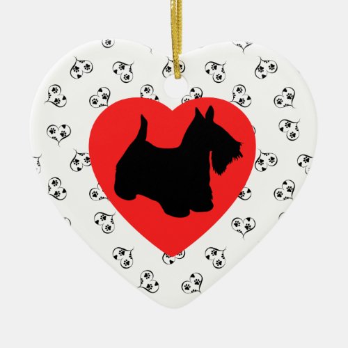 Scottish Terrier Silhouette with Hearts Ceramic Ornament