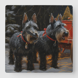 Scottish Terrier Snowy Sleigh Christmas Decor Square Wall Clock