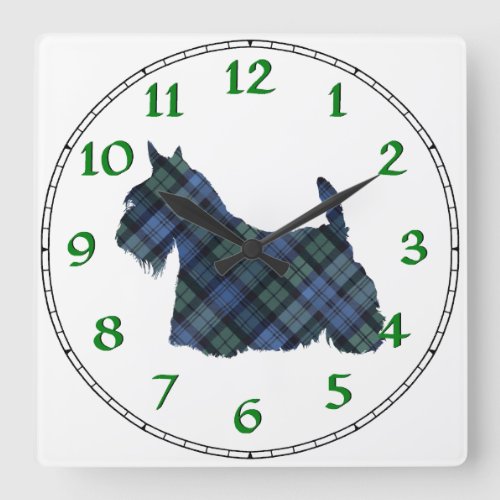 Scottish Terrier Tartan Silhouette Square Wall Clock