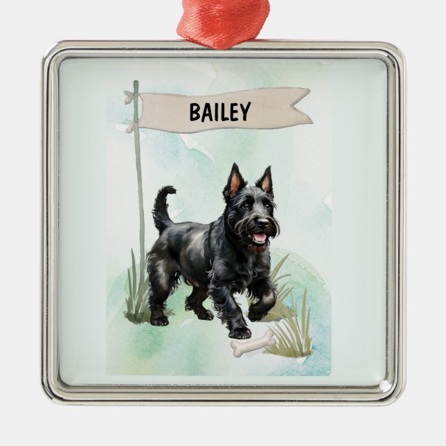 Scottish Terrier Watercolor Personalized Dog Metal Ornament (Front)