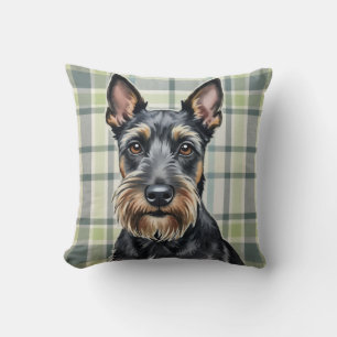 Scottish Terrier Watercolor Tartan Pattern Art Throw Pillow