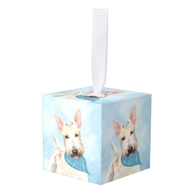 Scottish Terrier Wheaten Dog Painting Original Art Cube Ornament (Front Angled)