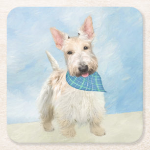 Scottish Terrier Wheaten Dog Painting Original Art Square Paper Coaster