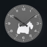 Scottish Terrier White Scottie Dog Silhouette Round Clock<br><div class="desc">A fun Scottish Terrier wall clock for the home or office. Makes an original gift for Scottie Dog lovers. Check out Jenn’s Doodle World for even more decorative clocks and dog breed themed home decor.</div>