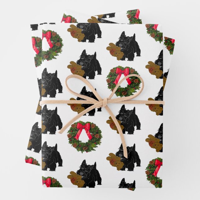 Scottish Terrier With Christmas Wreath Wrapping Paper Sheets (In situ)