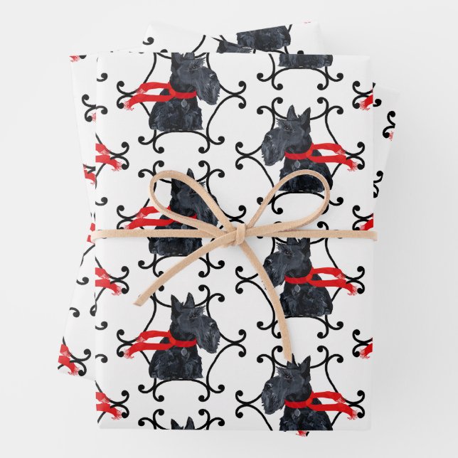 Scottish Terrier With Red Scarf Wrapping Paper Sheets (In situ)