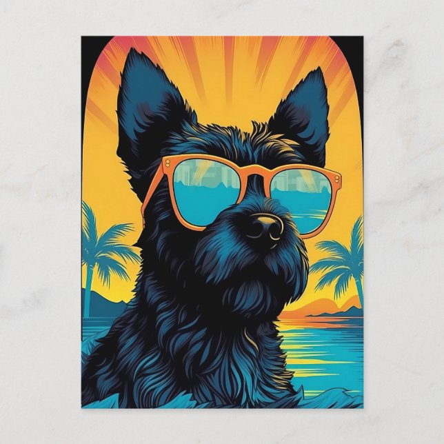 Scottish Terrier with sunglasses at a beach Postcard (Front)