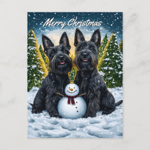 Scottish Terriers and Snowman Christmas Holiday Postcard