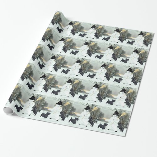 Scottish Terriers and Snowman Wrapping Paper