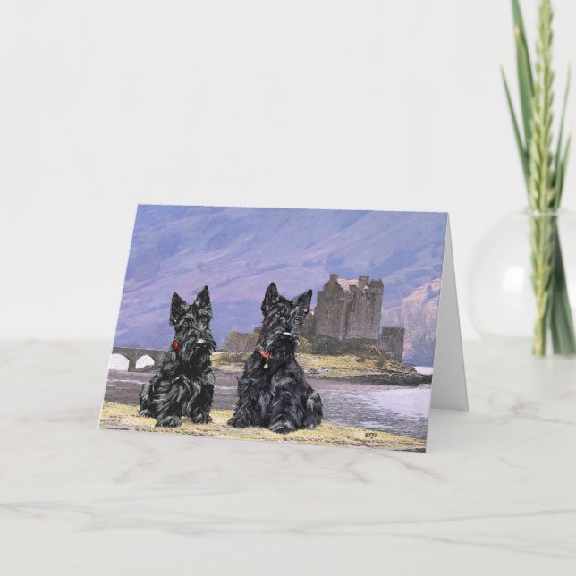 Scottish Terriers at Eilean Donan Castle Card (Front)