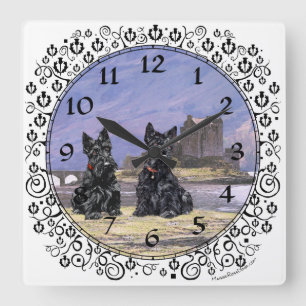 Scottish Terriers at Eilean Donan Castle Square Wall Clock