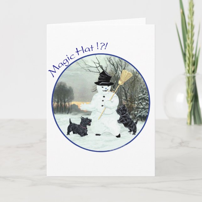 Scottish Terriers Build a Snowman Holiday Card (Front)