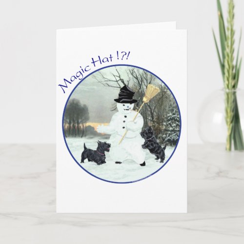 Scottish Terriers Build a Snowman Holiday Card