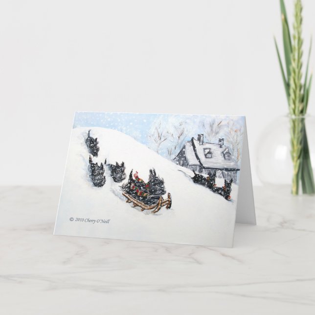 Scottish Terriers Sledding Holiday Card (Front)