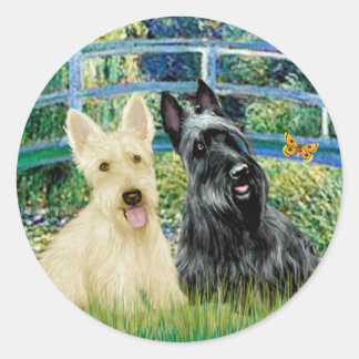 Scottish Terriers (two-BW) - Bridge Classic Round Sticker