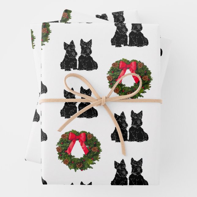 Scottish Terriers with Christmas Wreath Wrapping Paper Sheets (In situ)