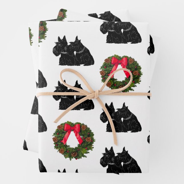 Scottish Terriers with Christmas Wreath Wrapping Paper Sheets (In situ)