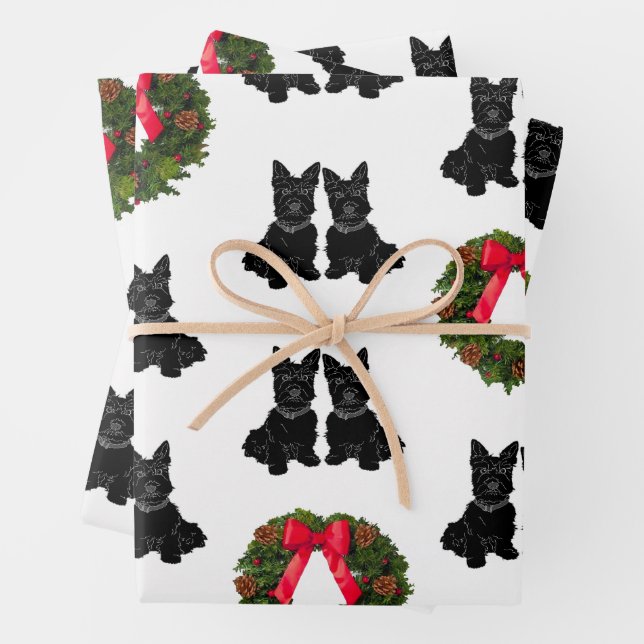 Scottish Terriers with Christmas Wreath Wrapping Paper Sheets (In situ)