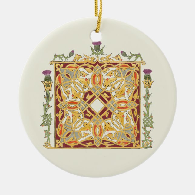 Scottish Thistle and Crown Red & Gold Celtic Knot Ceramic Ornament (Front)