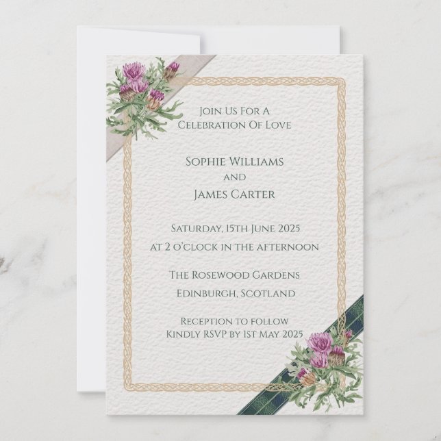 Scottish Thistle Celtic Tartan Wedding Invitation  (Front)