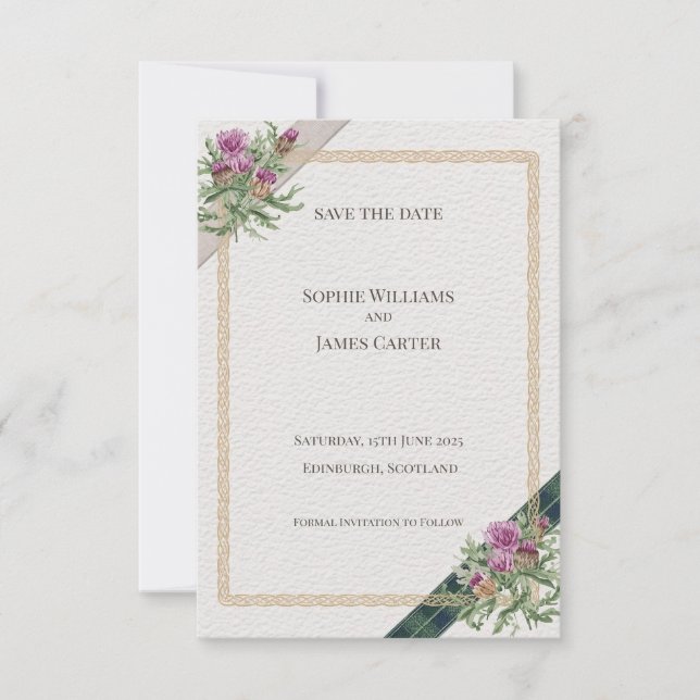Scottish Thistle Celtic Tartan Wedding  Save The Date (Front)