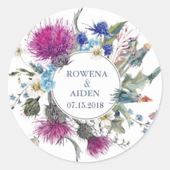 Scottish Thistle Floral Wedding Classic Round Sticker by SpiceTree_Weddings at Zazzle