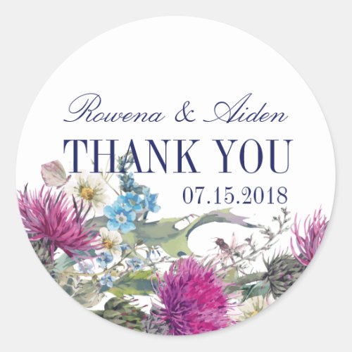 Scottish Thistle Floral Wedding Thank You Classic Round Sticker