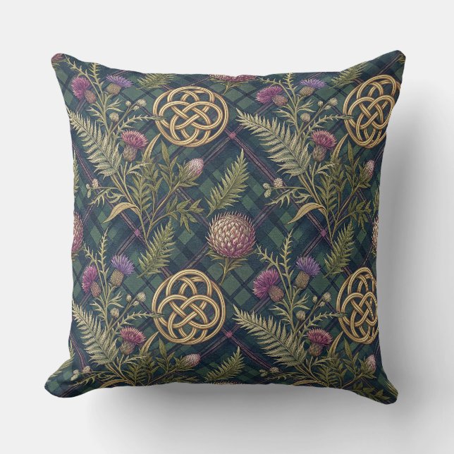 Scottish Thistle & Gold Celtic Knot Design Pattern Throw Pillow (Front)