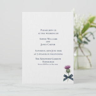 Scottish Thistle Navy Ribbon Minimal Wedding Invitation