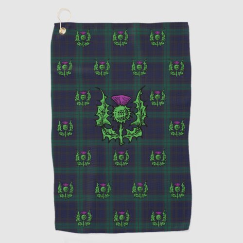 Scottish Thistle on Dark Tartan Custom Monogram Golf Towel