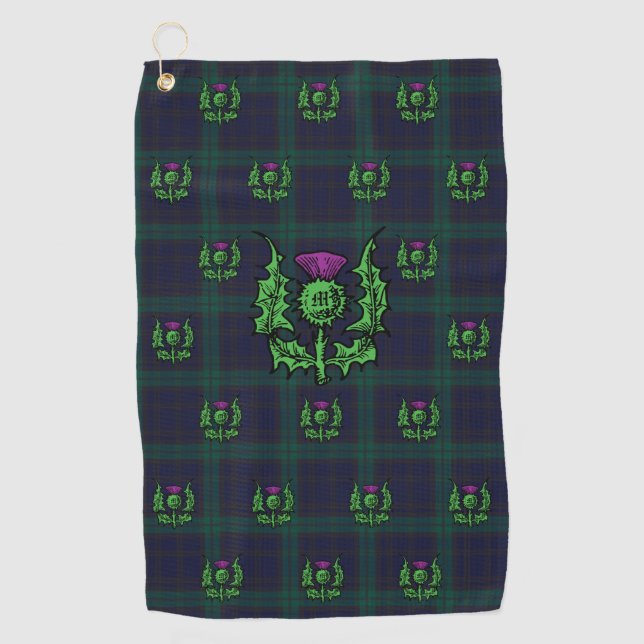 Scottish Thistle on Dark Tartan Custom Monogram Golf Towel (Front)