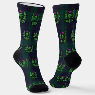 Scottish Thistle on Dark Tartan Custom Monogram Socks