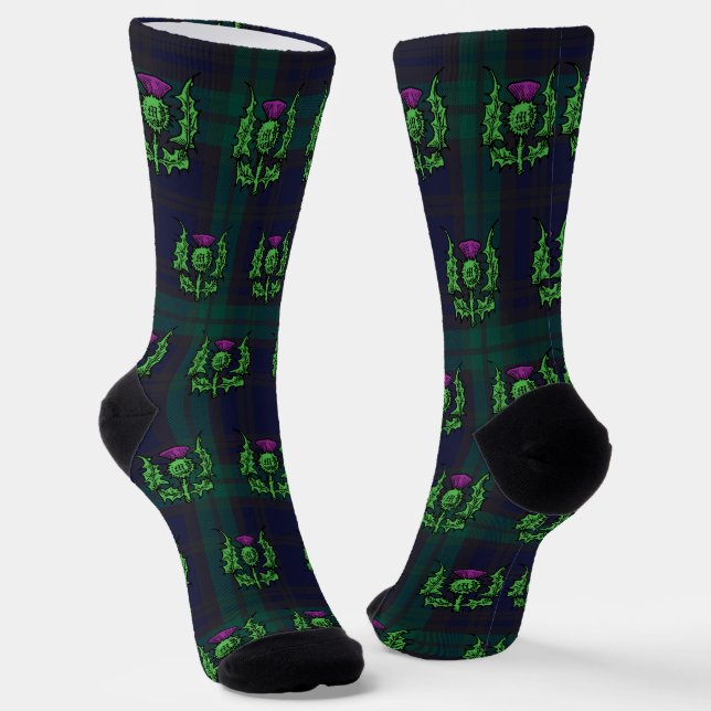 Scottish Thistle on Dark Tartan Custom Monogram Socks (Angled)