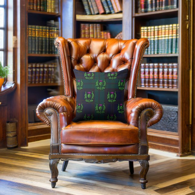 Scottish Thistle on Dark Tartan Custom Monogram Throw Pillow (Creator Uploaded)