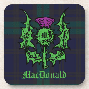 Scottish Thistle on Dark Tartan Custom Name Beverage Coaster