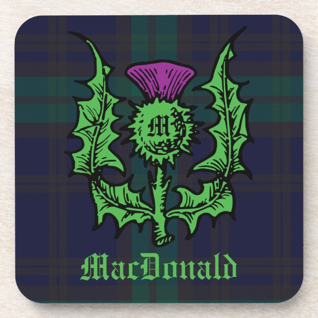 Scottish Thistle on Dark Tartan Custom Name Beverage Coaster (Front)