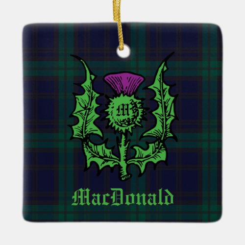 Scottish Thistle on Dark Tartan Custom Name Ceramic Ornament