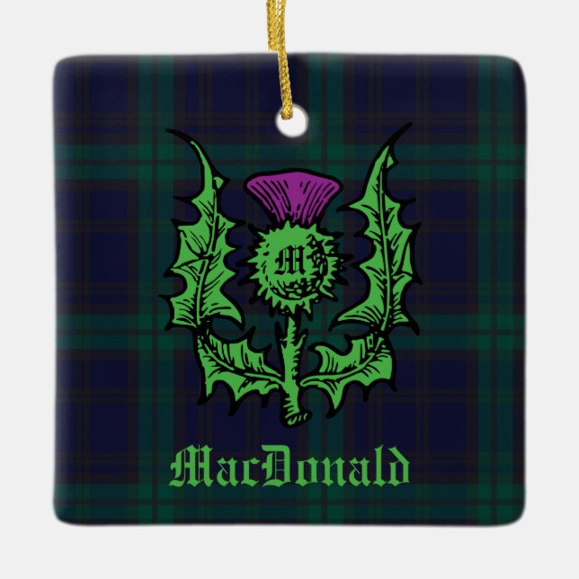 Scottish Thistle on Dark Tartan Custom Name Ceramic Ornament (Front)