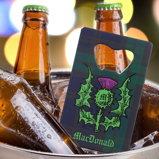 Scottish Thistle on Dark Tartan Custom Name Credit Card Bottle Opener (Creator Uploaded)