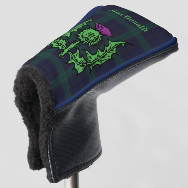 Scottish Thistle on Dark Tartan Custom Name  Golf Head Cover (3/4 Front)