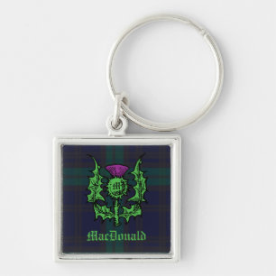 Scottish Thistle on Dark Tartan Custom Name Keychain