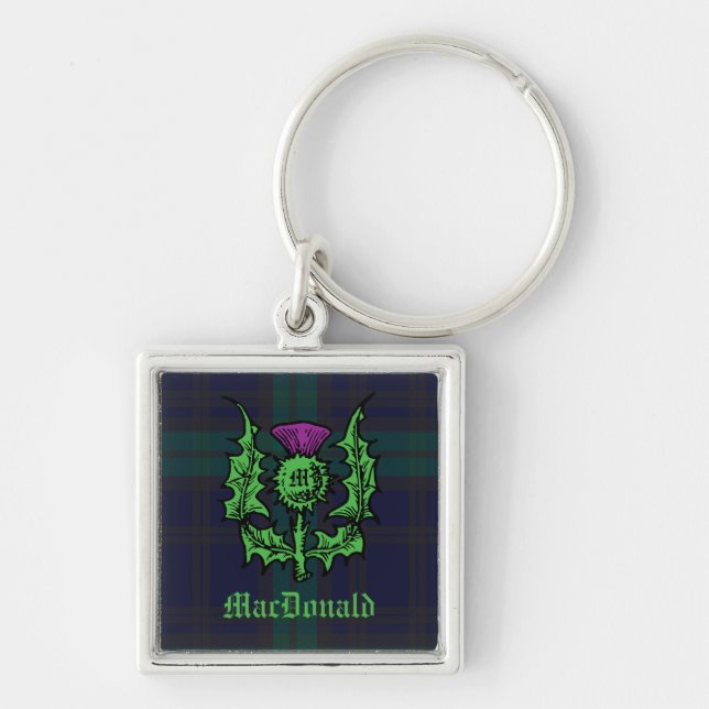 Scottish Thistle on Dark Tartan Custom Name Keychain (Front)